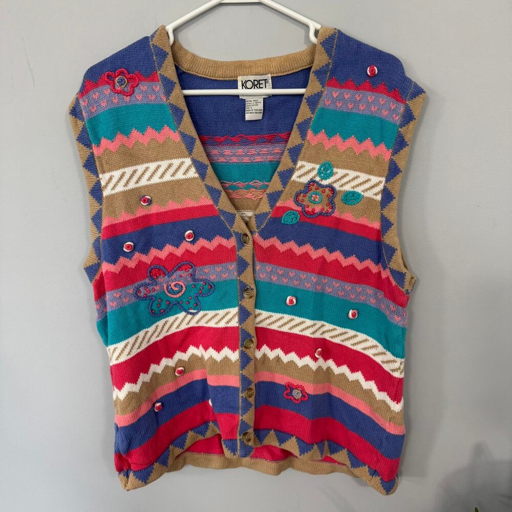 Vintage Koret Francisca Button Down Sweater Vest Size Large Floral Accents